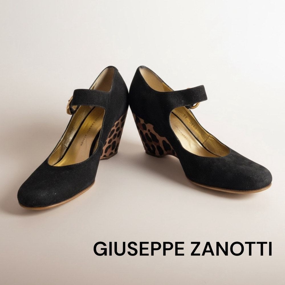 Giuseppe Zanotti Black Suede & Pony Hair Mary Jane Leopard Wedge Shoes 38-8